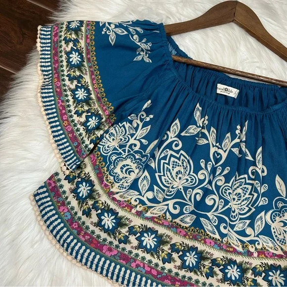 Natural Life SABRINA Cropped Top Shirt Womens Small Blue Floral Boho Beach - Picture 3 of 12
